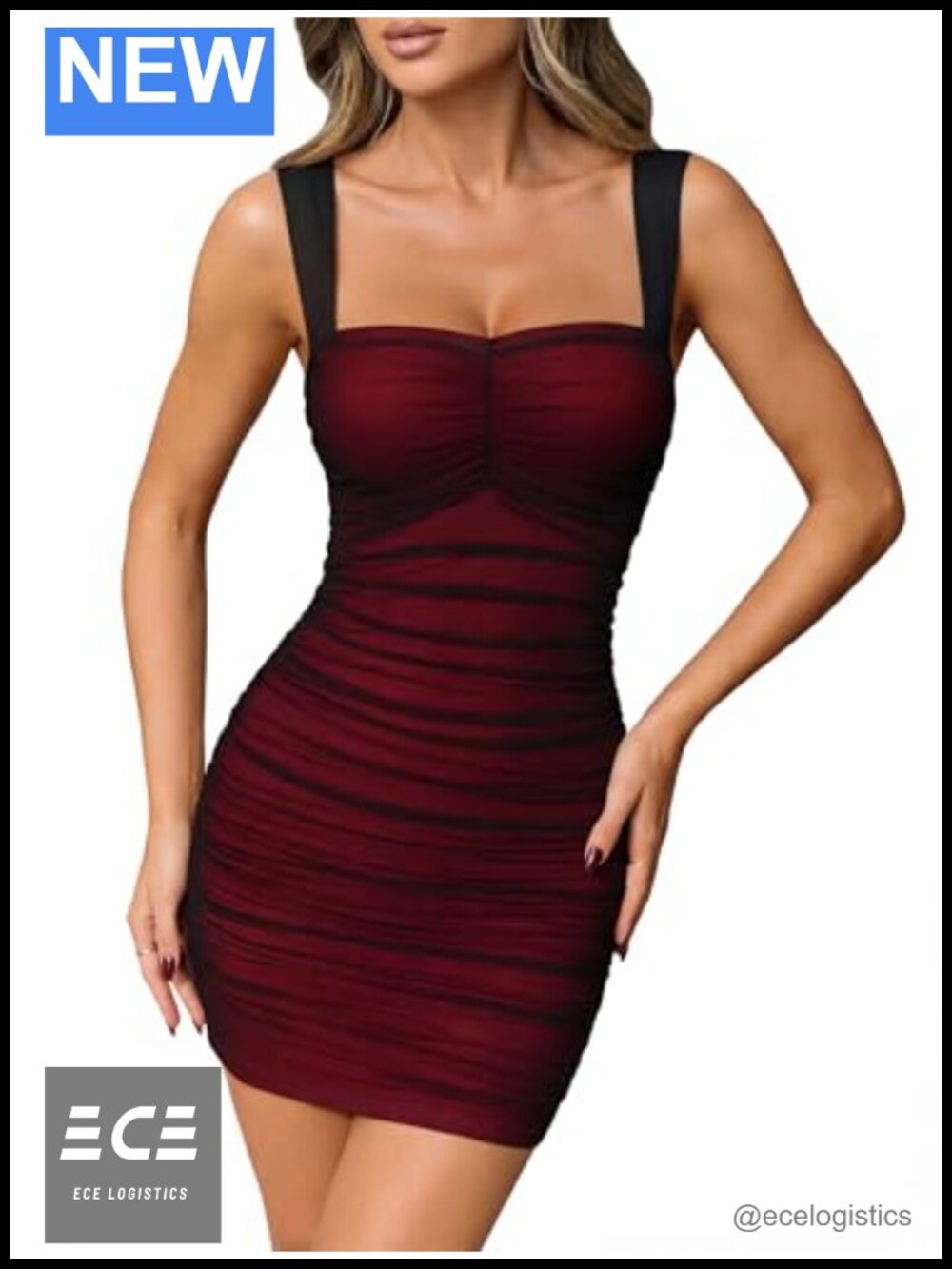 OQQ Ruched Bodycon Mini Dress Square Neck Sleeveless Party Club Night
